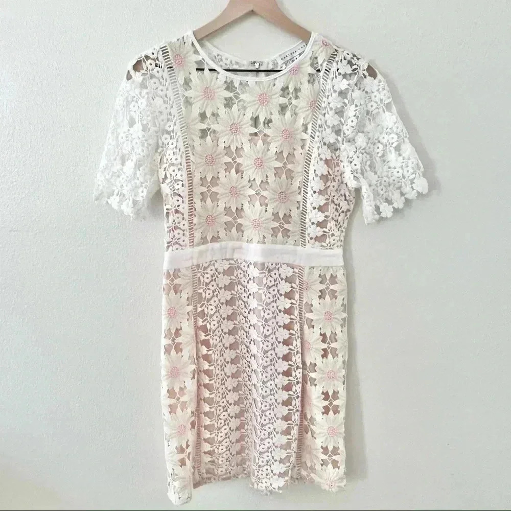 Endless Rose White Lace Floral Sheer Dress with Pink Accents